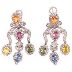14 Karat White Gold Multi-Color Gemstone Diamond Drop Earrings
