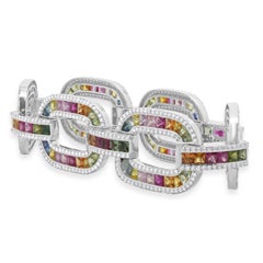 Bracelet à maillons ovales en or blanc 14 carats, saphirs multicolores et diamants