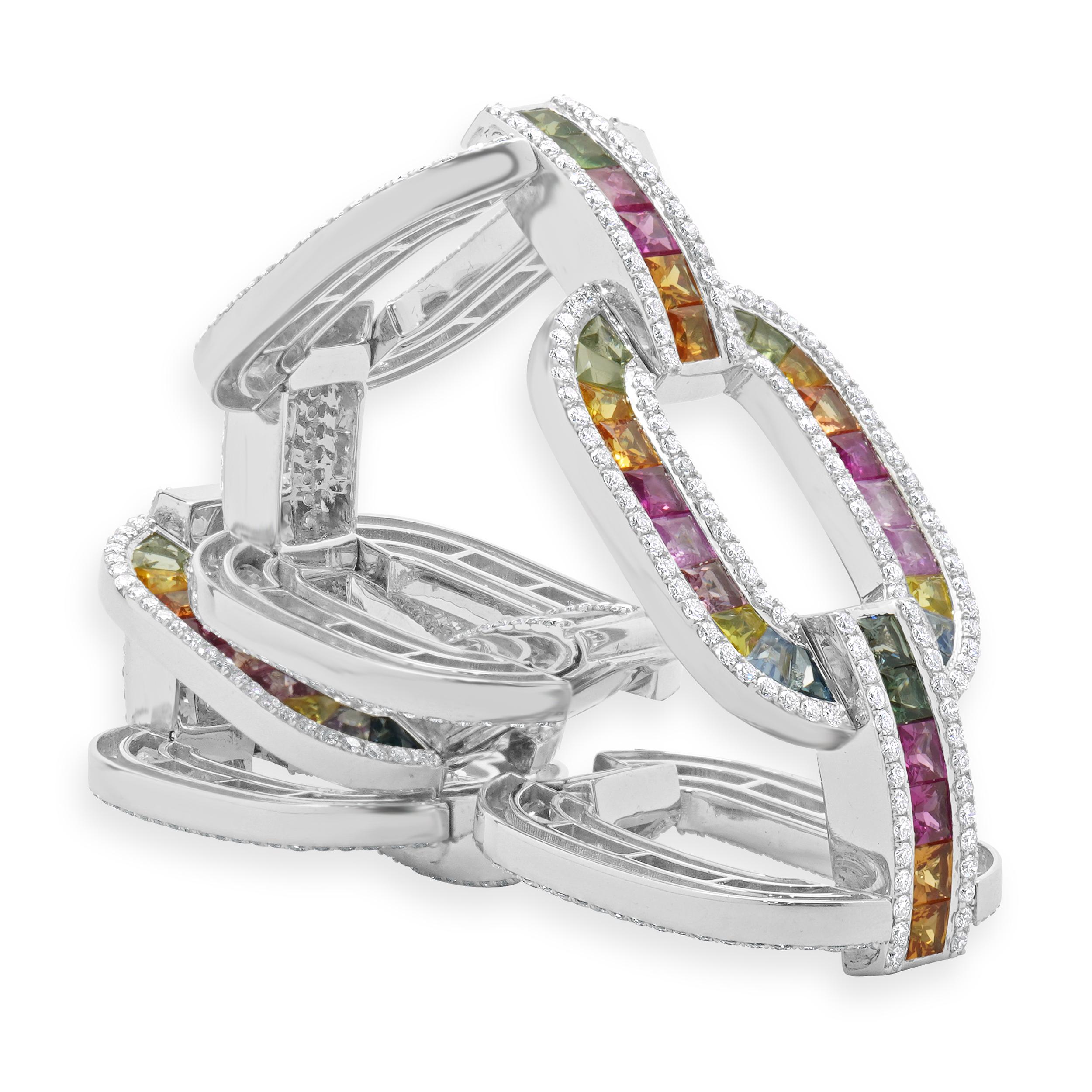 Princess Cut 14 Karat White Gold Multi-Colored Sapphire and Diamond Oval Link Bracelet For Sale