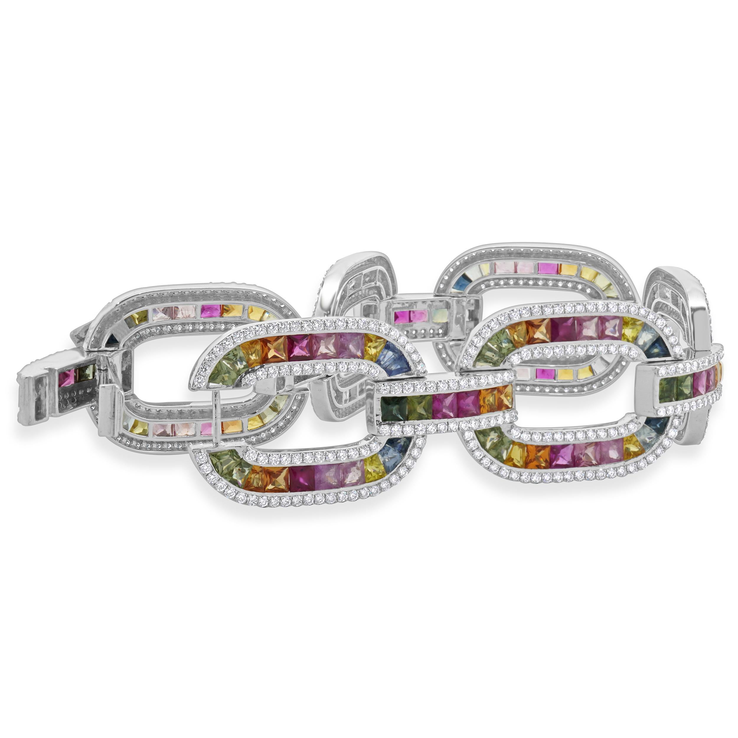 14 Karat White Gold Multi-Colored Sapphire and Diamond Oval Link Bracelet In Excellent Condition For Sale In Scottsdale, AZ