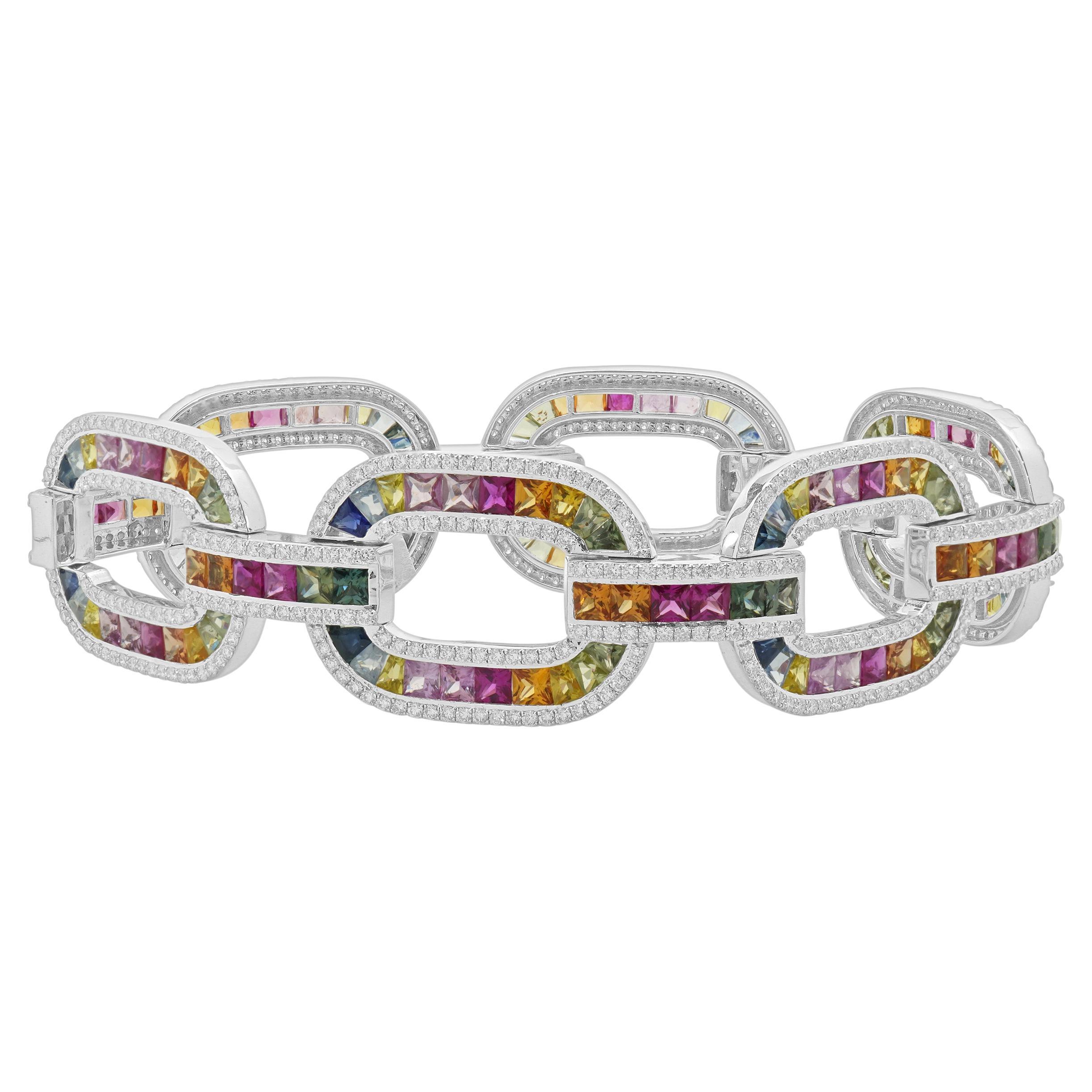 14 Karat White Gold Multi-Colored Sapphire and Diamond Oval Link Bracelet For Sale