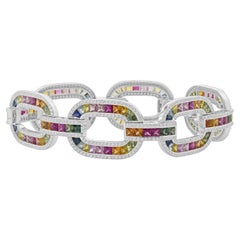 Bracelet à maillons ovales en or blanc 14 carats, saphirs multicolores et diamants