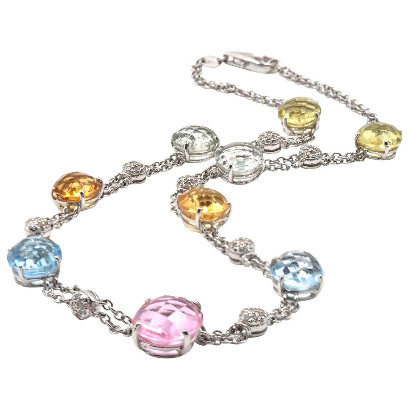 14 Karat White Gold Multi-Gemstone and Diamond Necklace