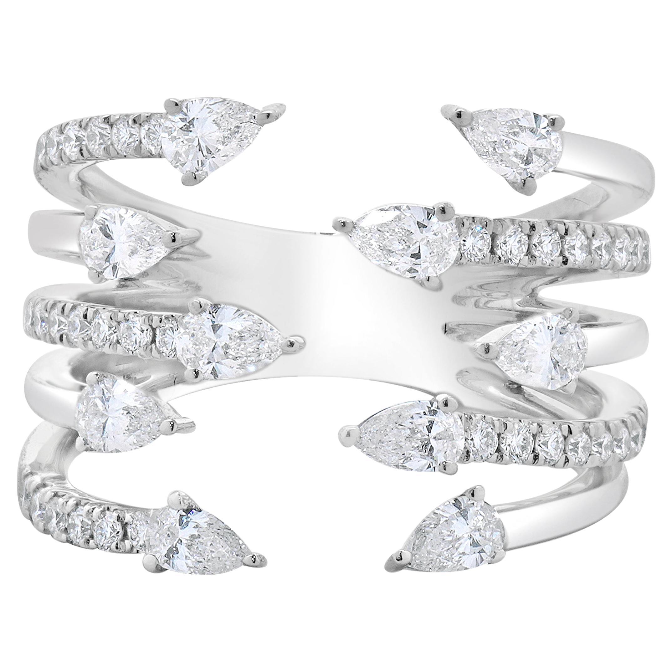 14 Karat White Gold Multi-Row Pear Diamond Ring For Sale