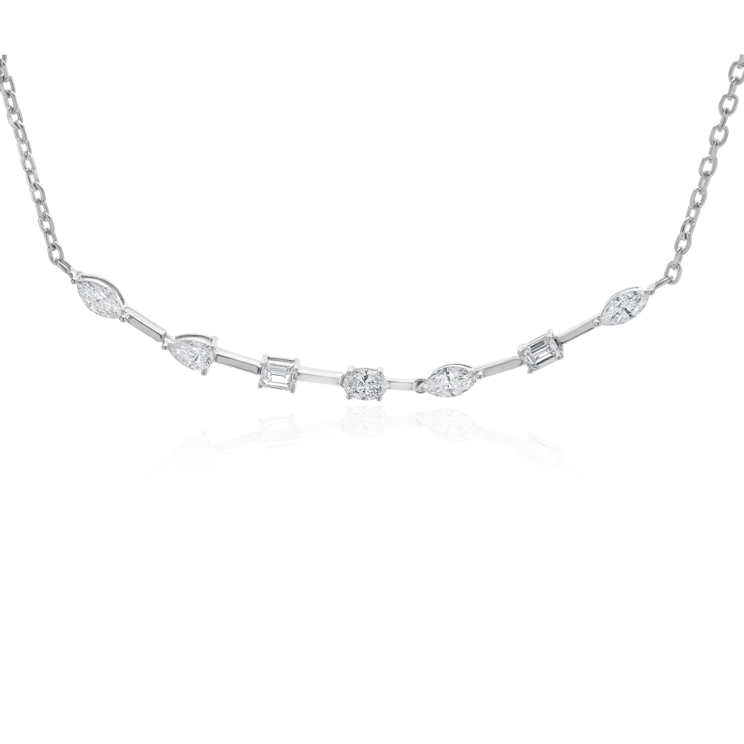 Designer: personalizzato
Materiale: oro bianco 14 carati
Diamanti: 7 forme multiple = 1,35cttw
Colore: G. H.
Chiarezza: SI1
Dimensioni: la collana misura 17.5 pollici di lunghezza
Peso: 5.80 grammi
