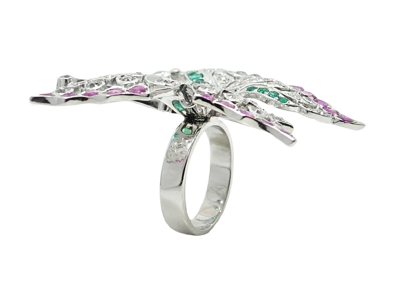 Round Cut 14 Karat White Gold Multi Stone Butterfly Ring For Sale