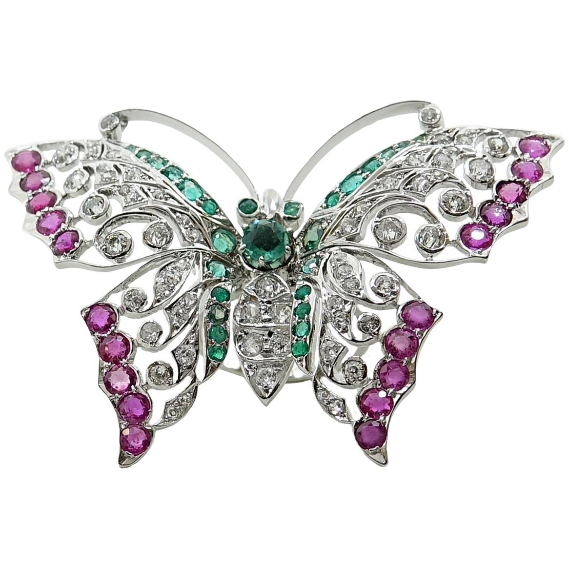 14 Karat White Gold Multi Stone Butterfly Ring For Sale