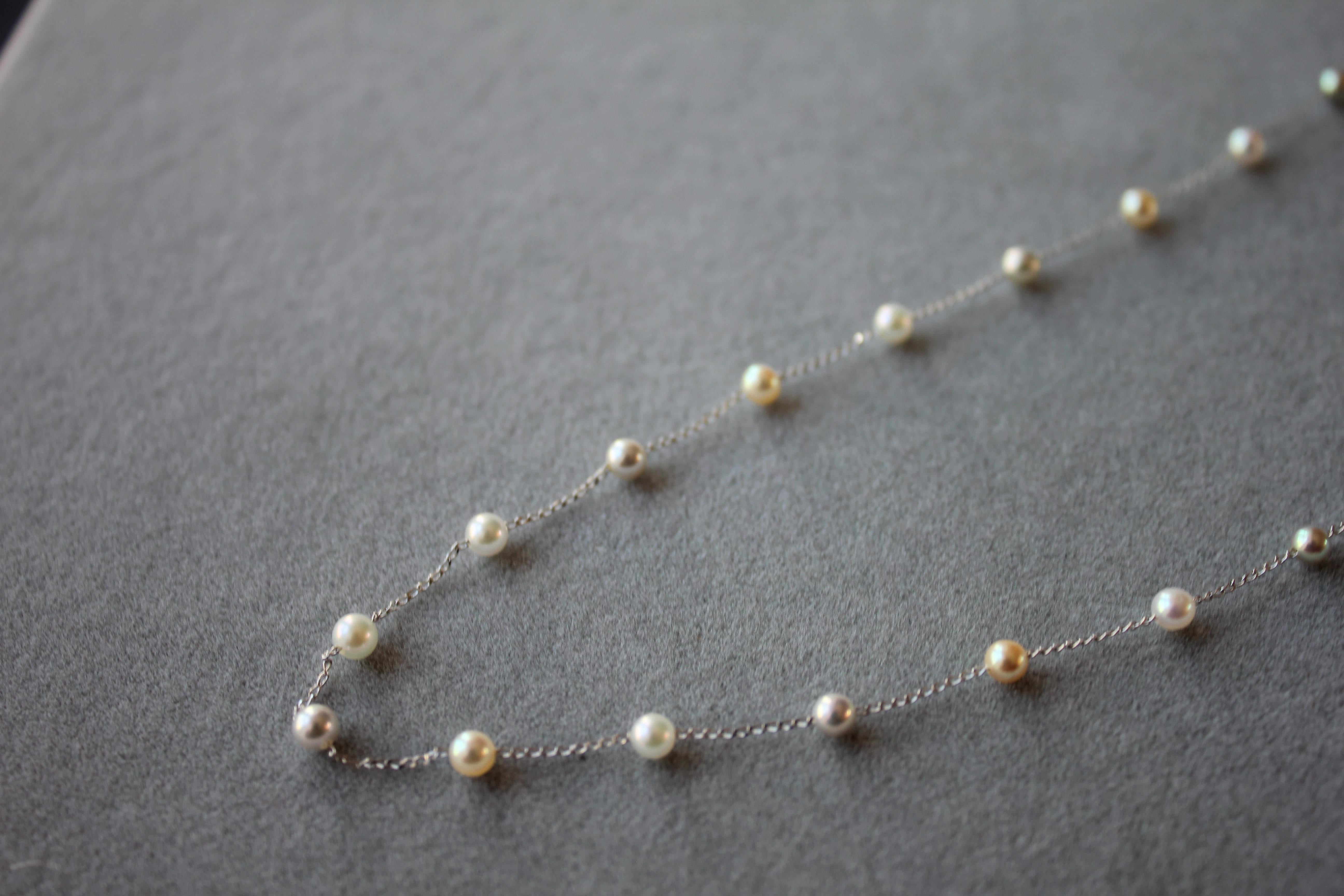14 Karat White Gold Multicolor Akoya Pearl Bead Thin Chain Layer Dainty Necklace For Sale 4