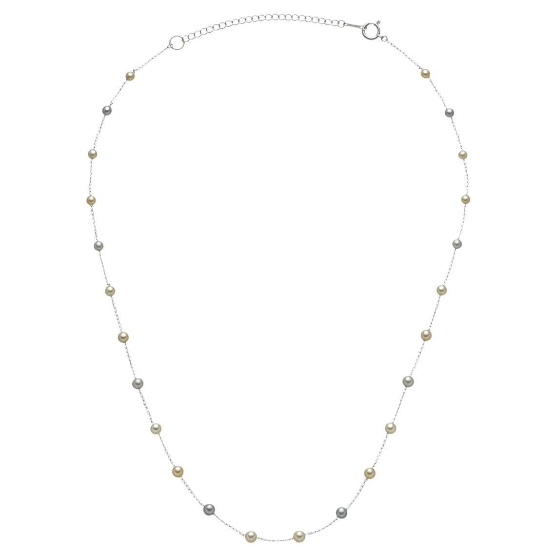14 Karat White Gold Multicolor Akoya Pearl Bead Thin Chain Layer Dainty Necklace For Sale