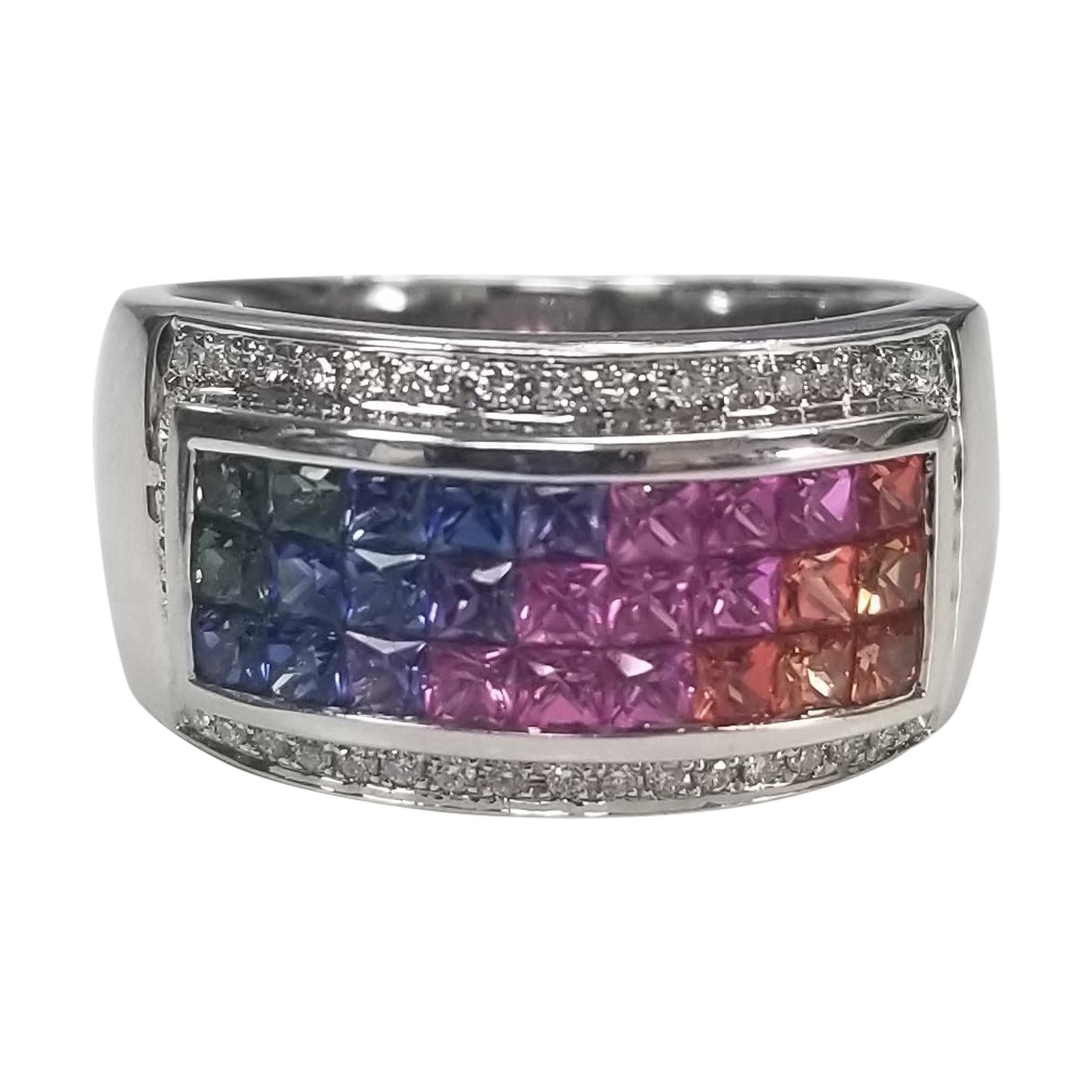 14 Karat White Gold Multicolored Princess Cut Sapphires Surrounded by Diamonds For Sale