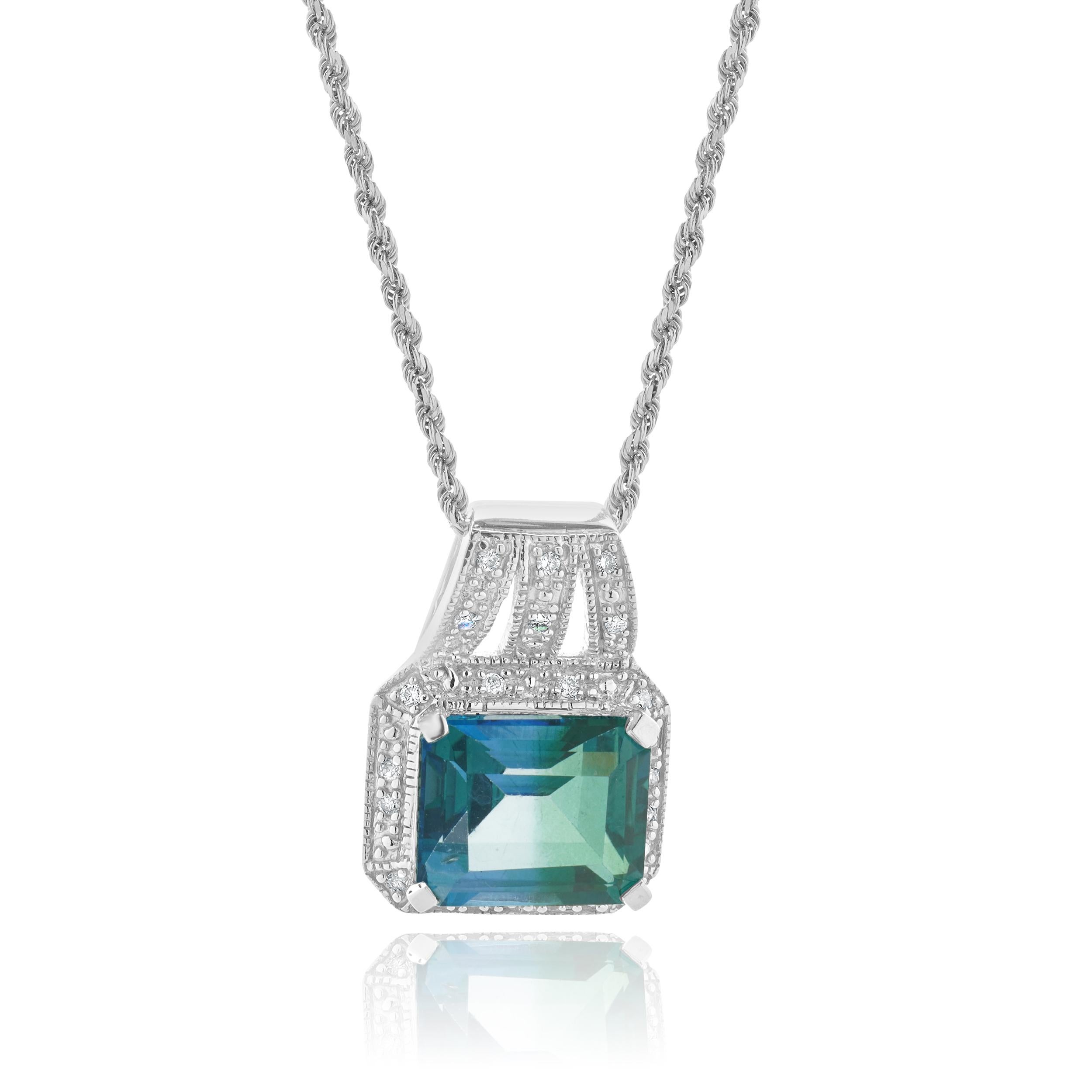 Designer: personalizzato
Materiale: oro bianco 14 carati
Topazio mistico: 1 taglio smeraldo = 5,10ct
Diamante: 18 tagli rotondi = 0,45cttw
Colore: K
Chiarezza: SI2
Lunghezza: la collana misura 18 pollici di lunghezza
Peso: 8.18 grammi
