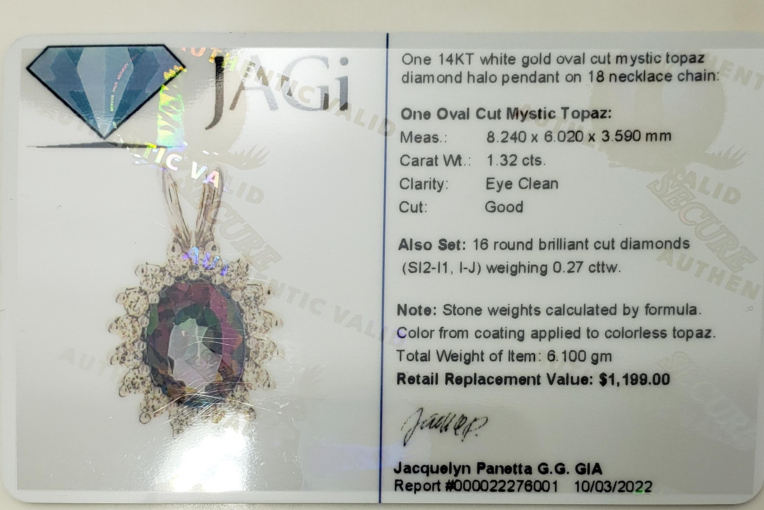 Vintage 14 Karat White Gold Mystic Topaz and Diamond Pendant Necklace-

This lovely pendant features one mystic topaz (8 mm x 6 mm) surrounded by 16 round brilliant cut diamonds set in 14K white gold. Suspends from a classic cable