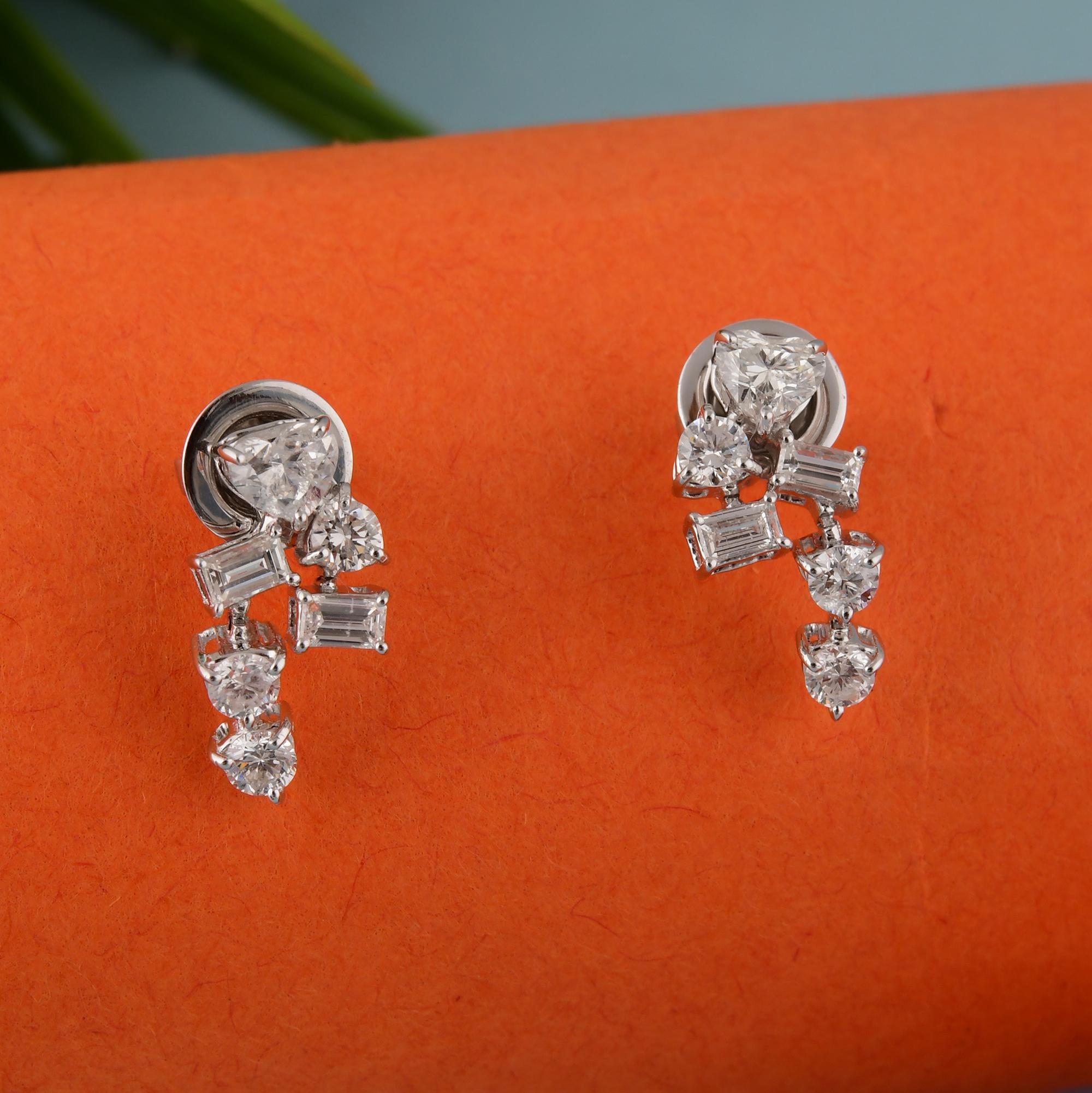 Modern 14 Karat White Gold Natural 1.62 Carat SI/H Multi Shape Diamond Earrings For Sale