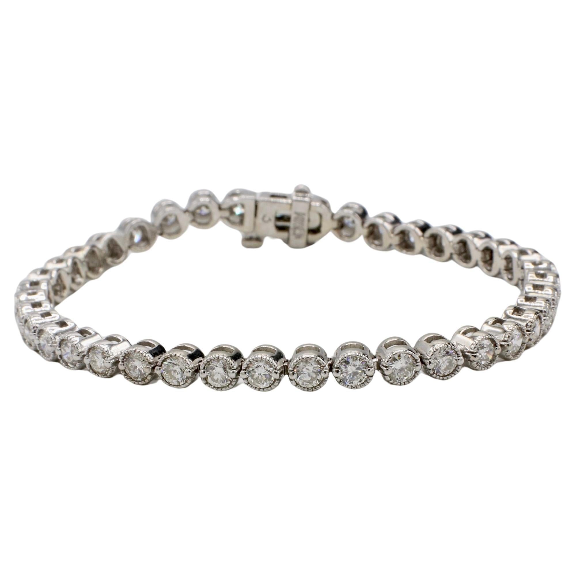 14 Karat White Gold Natural 4.00 Carat Diamond Tennis Milgrain Line Bracelet