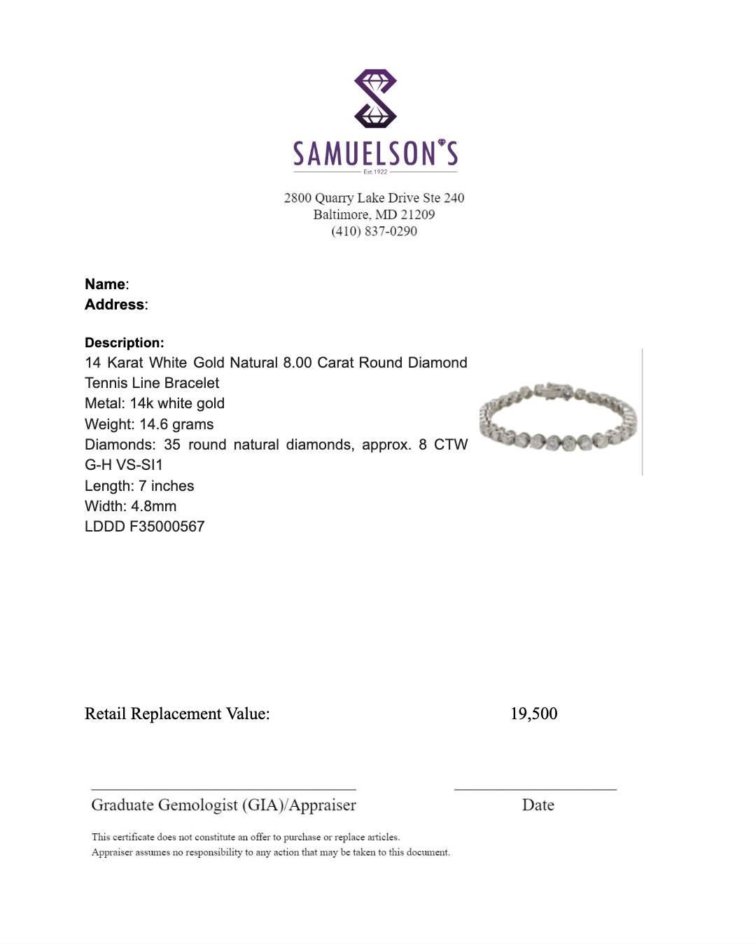 14 Karat White Gold Natural 8.00 Carat Round Diamond Tennis Line Bracelet For Sale 1