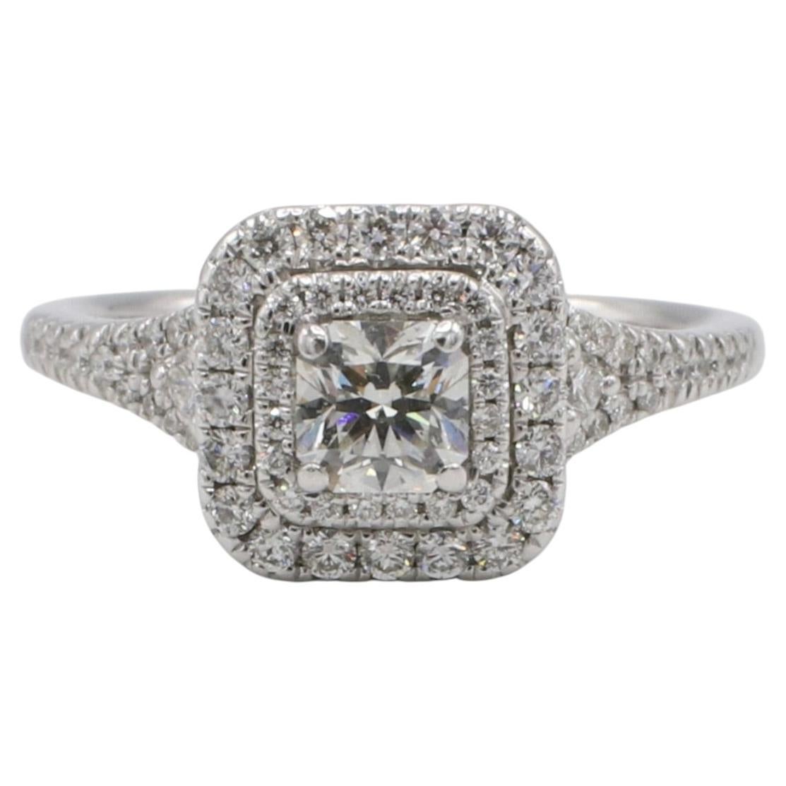 14 Karat White Gold Natural Cushion Diamond Double Halo Dome Engagement Ring For Sale