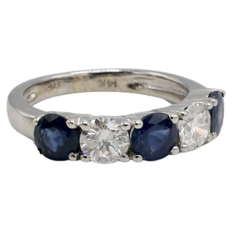 Modern 14 Karat White Gold Natural Diamond & Blue Sapphire Half Band Wedding Ring For Sale