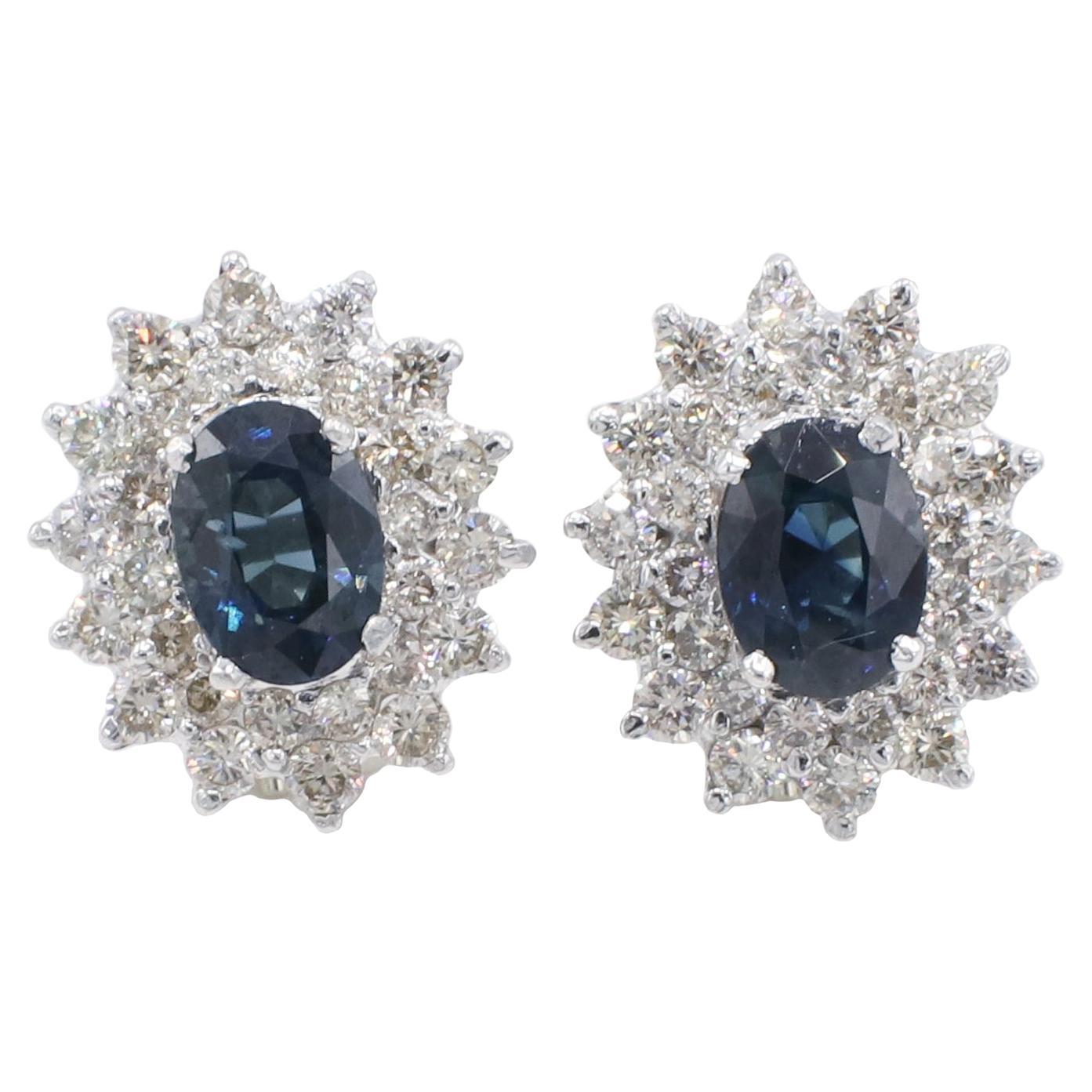 14 Karat White Gold Natural Diamond & Blue Sapphire Halo Cluster Earrings