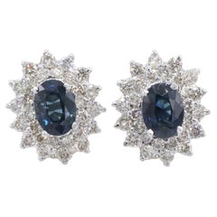 14 Karat White Gold Natural Diamond & Blue Sapphire Halo Cluster Earrings