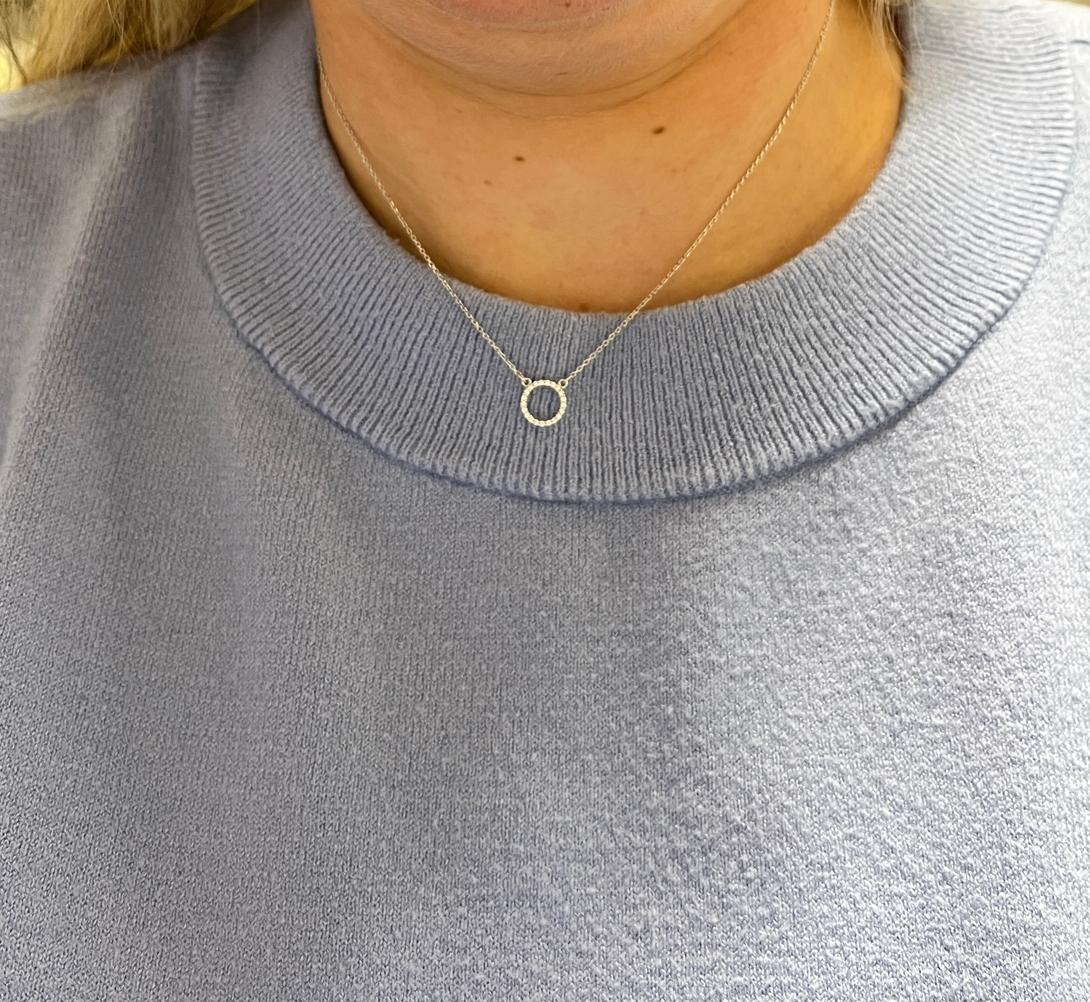 Round Cut 14 Karat White Gold Natural Diamond Circle Pendant Necklace  For Sale