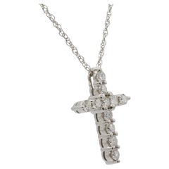 14 Karat White Gold Natural Diamond Cross Pendant Drop Necklace