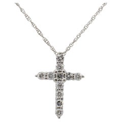 14 Karat White Gold Natural Diamond Cross Pendant Drop Necklace