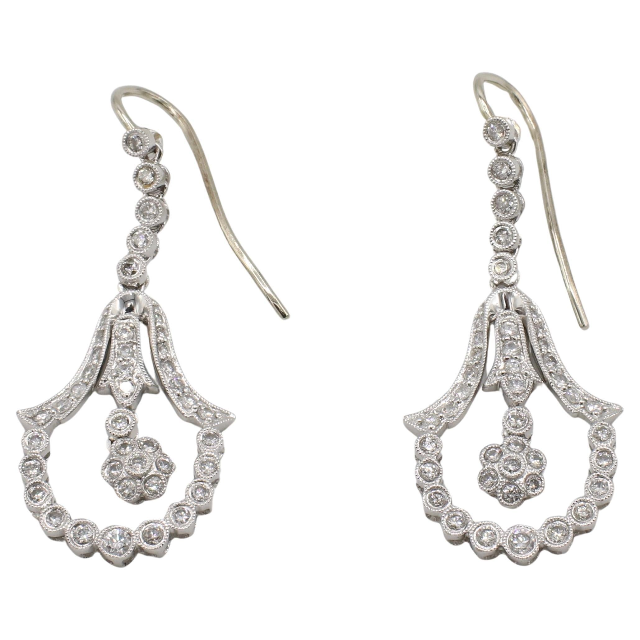 14 Karat White Gold Natural Diamond Dangle Drop Earrings  For Sale