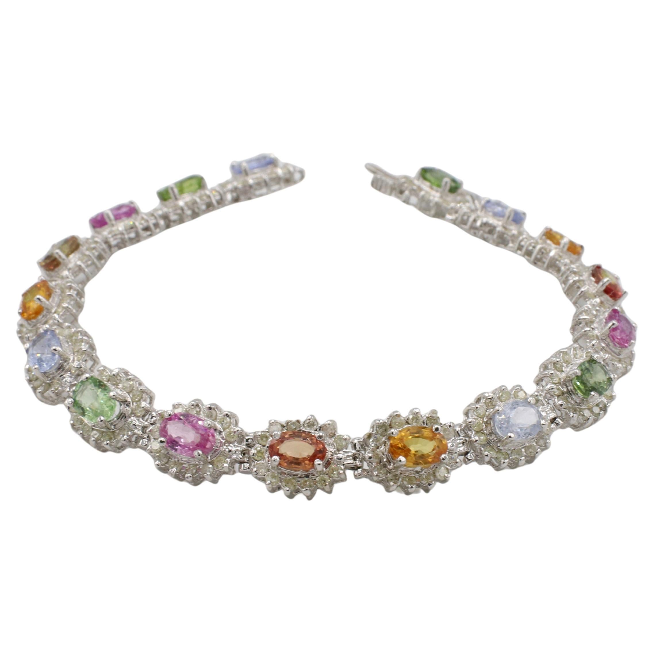 14 Karat White Gold Natural Diamond Multi-Colored Rainbow Sapphire Bracelet For Sale