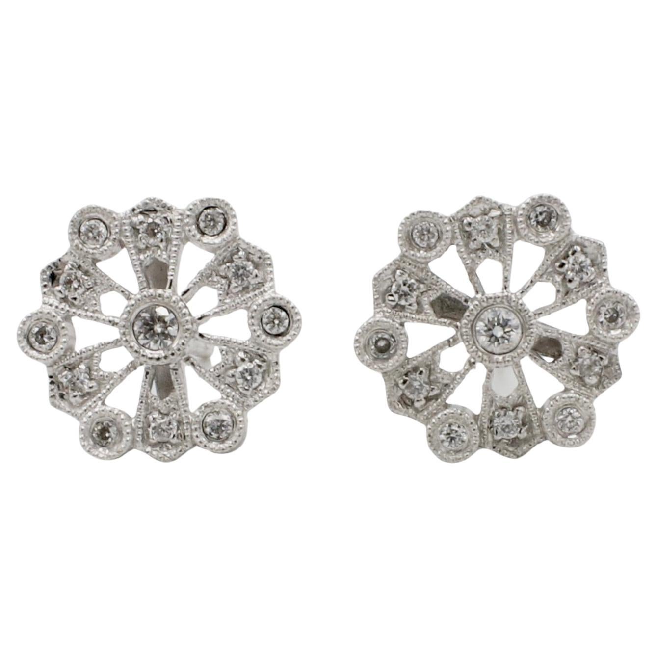 14 Karat White Gold Natural Diamond Snowflake Filigree Stud Earrings