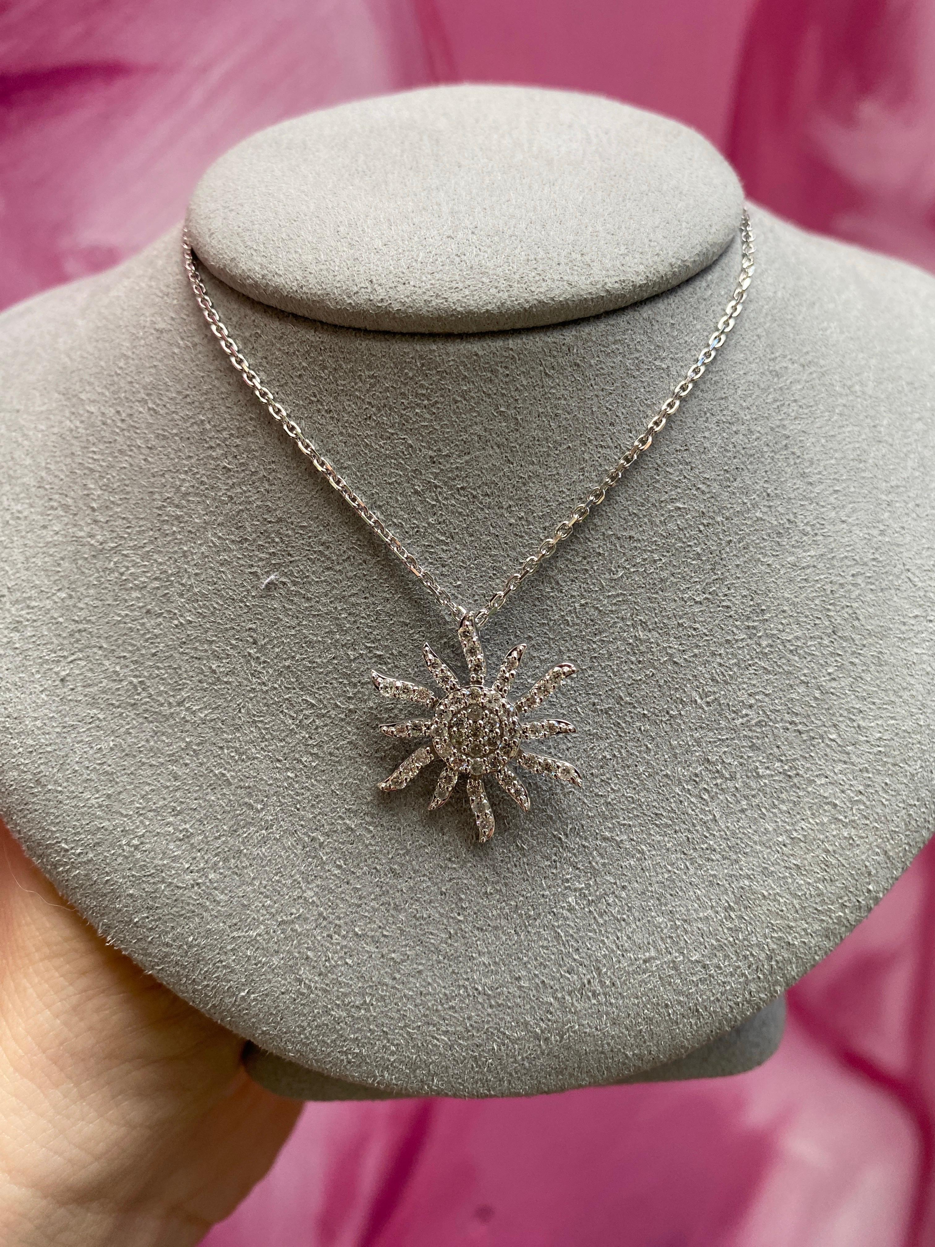 14 Karat White Gold Natural Diamond Sun Pendant Necklace For Sale 5