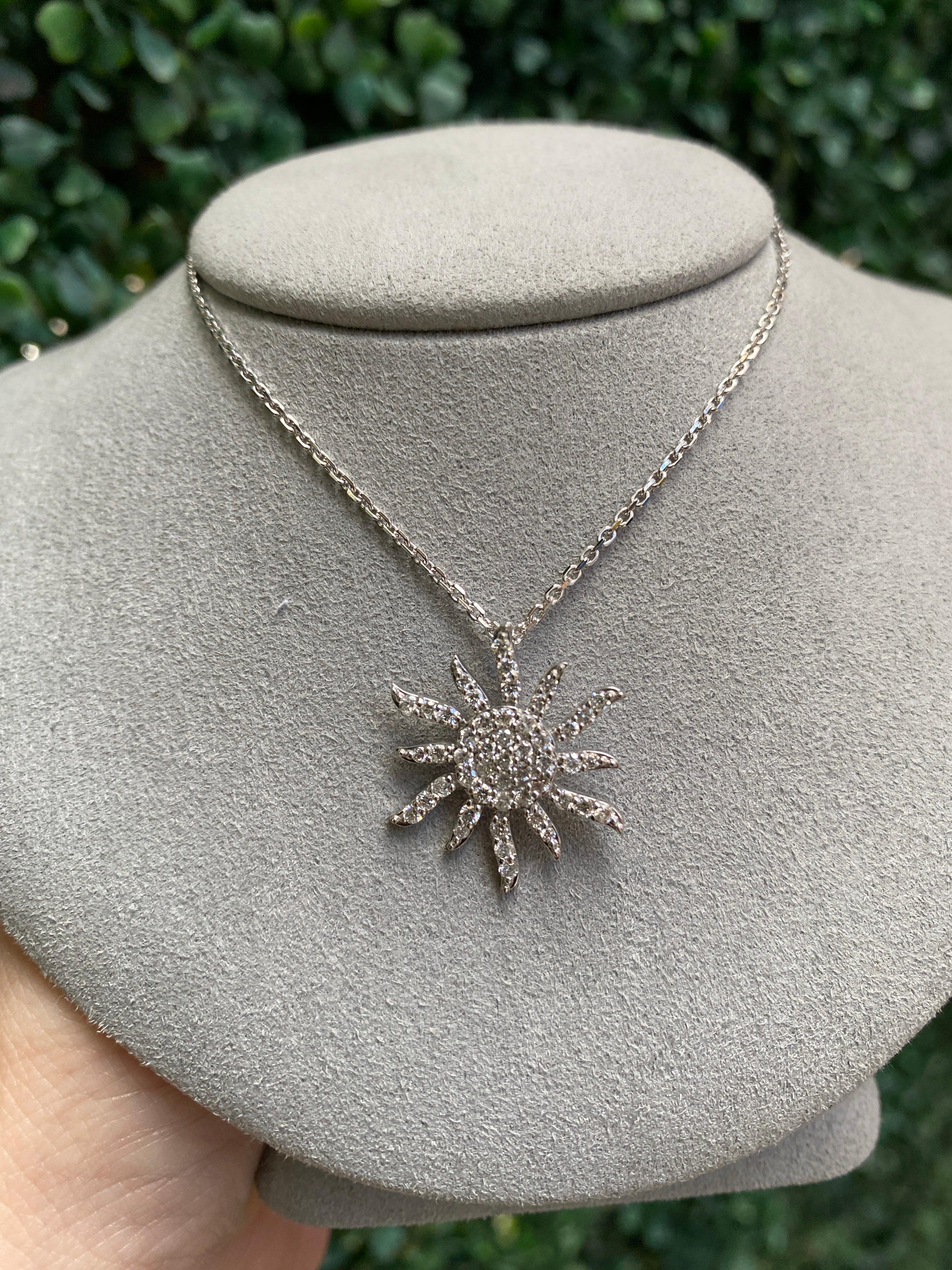 14 Karat White Gold Natural Diamond Sun Pendant Necklace For Sale 6