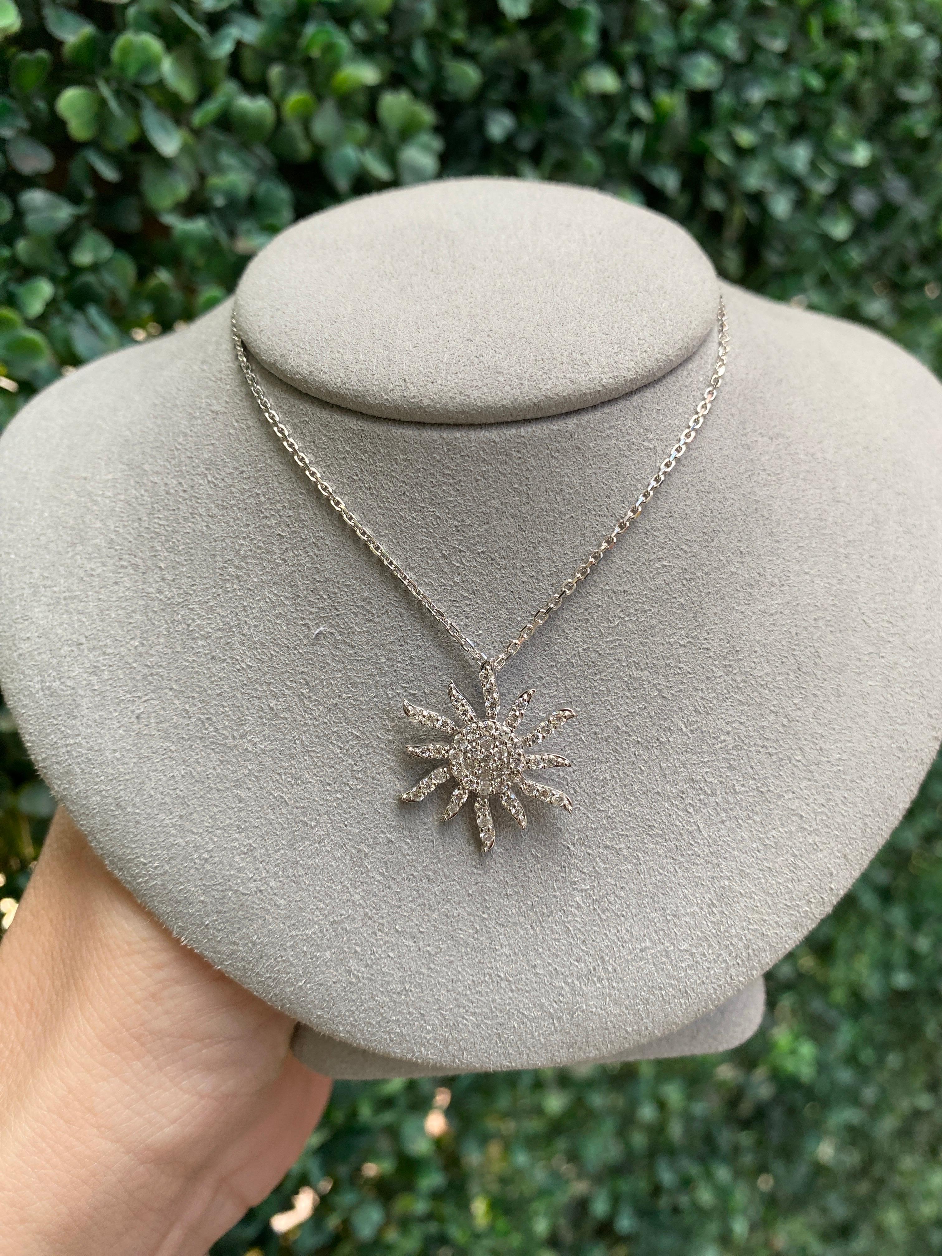 14 Karat White Gold Natural Diamond Sun Pendant Necklace For Sale 7