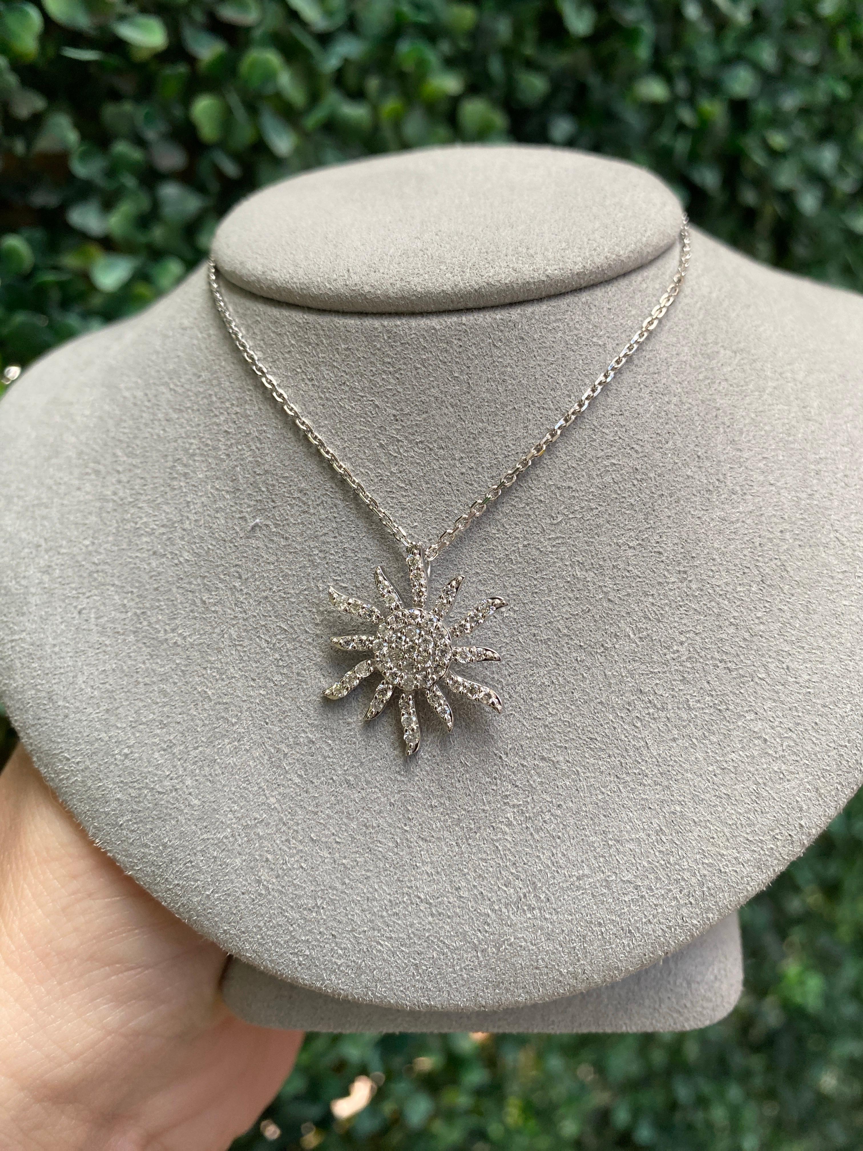 14 Karat White Gold Natural Diamond Sun Pendant Necklace For Sale 8