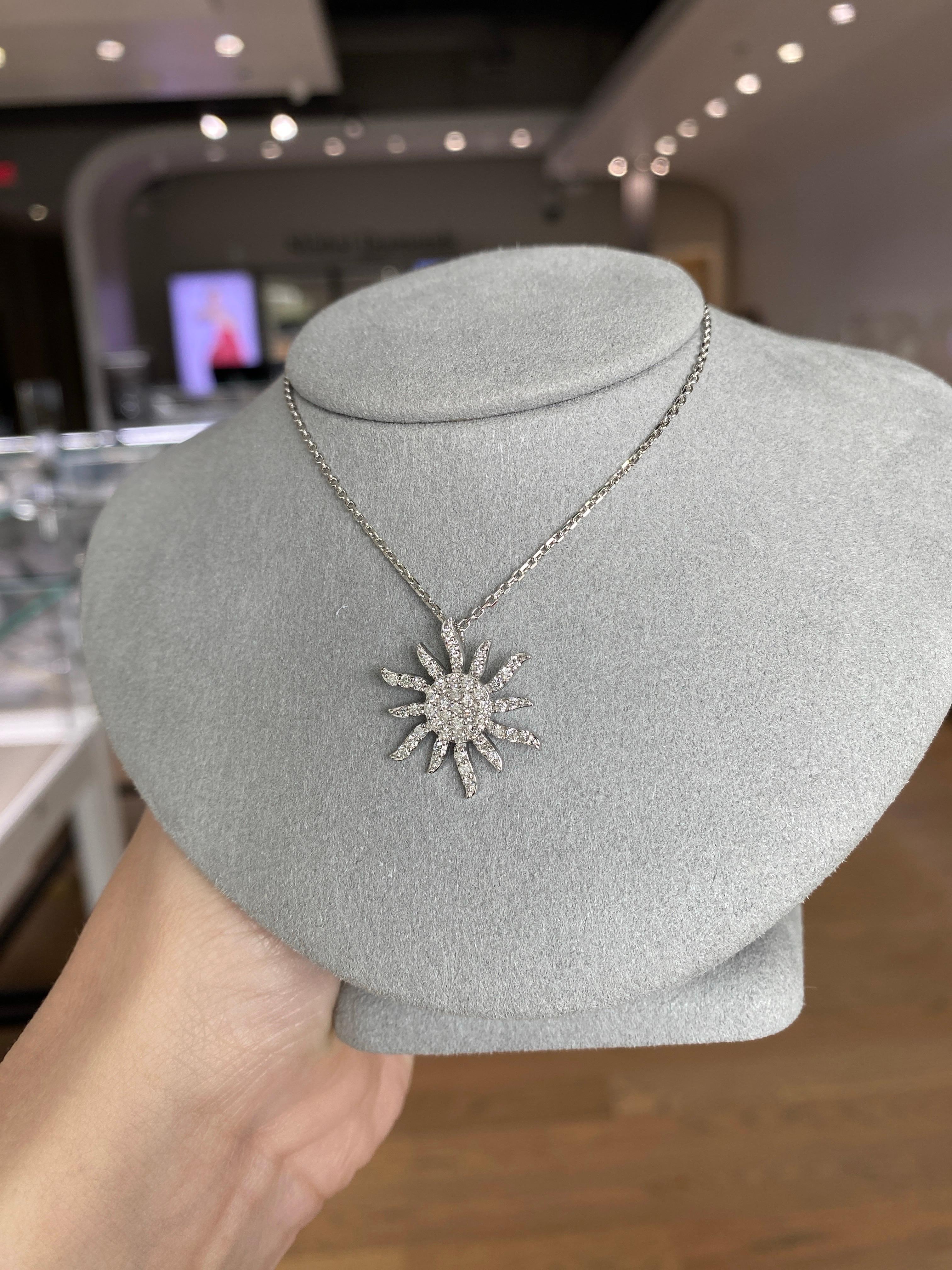 Round Cut 14 Karat White Gold Natural Diamond Sun Pendant Necklace For Sale