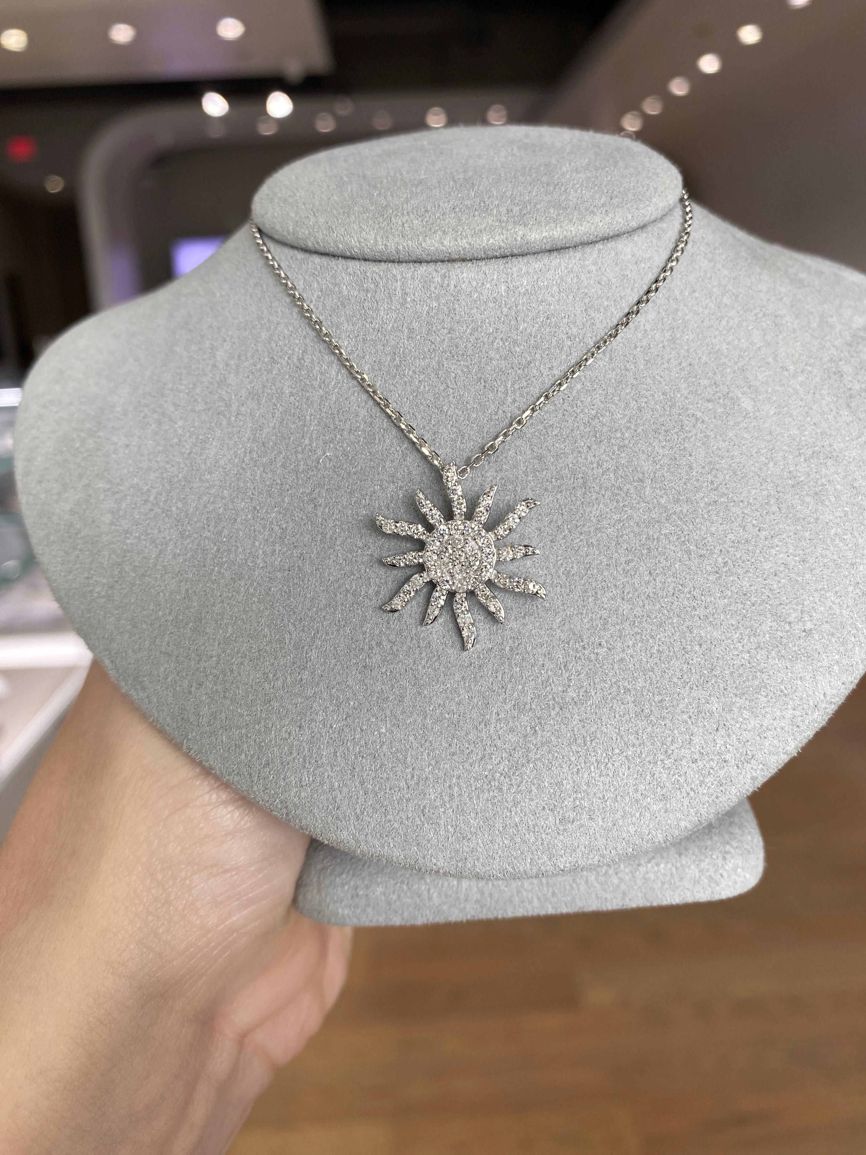 14 Karat White Gold Natural Diamond Sun Pendant Necklace In New Condition For Sale In Houston, TX