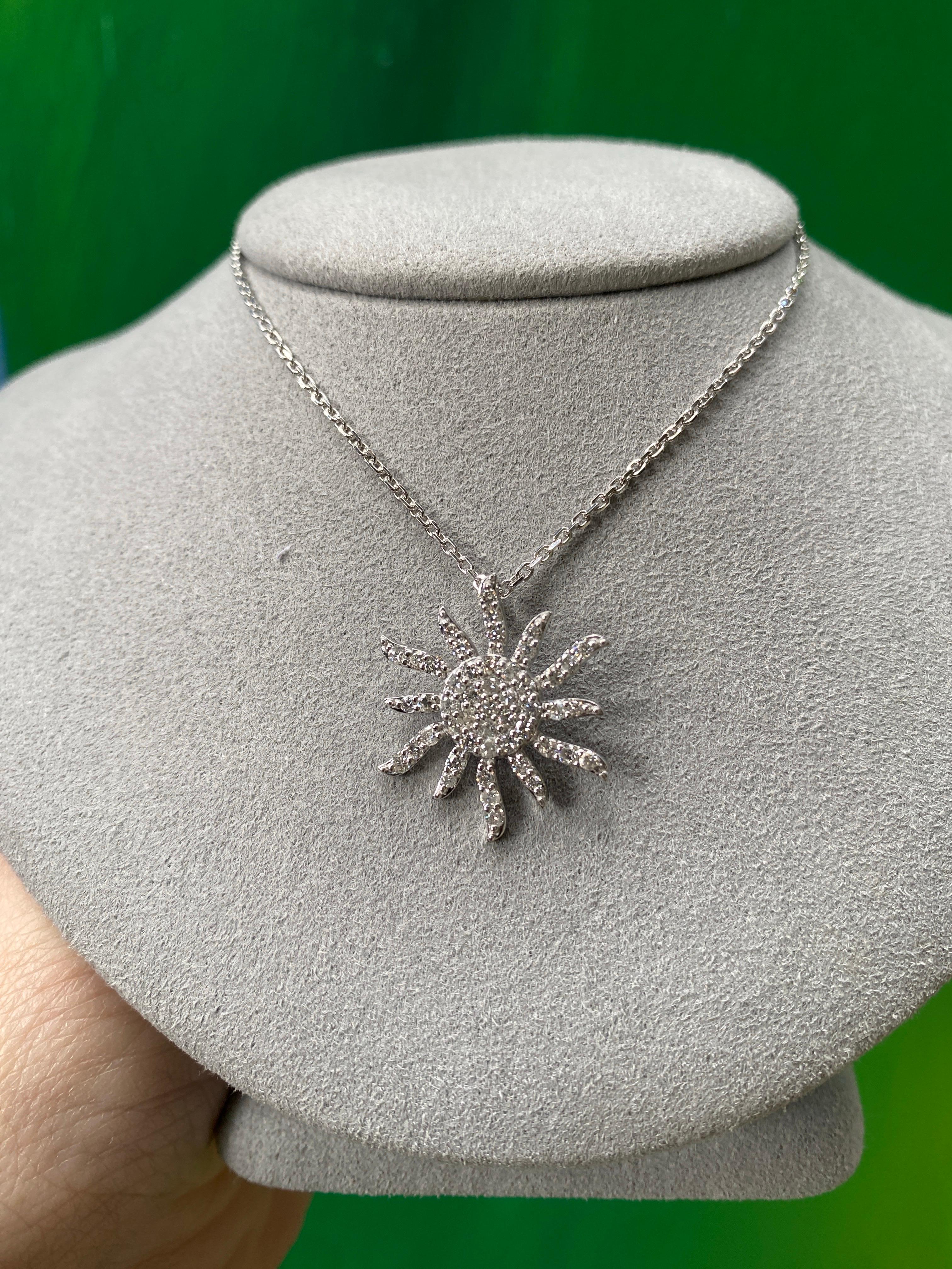 Women's or Men's 14 Karat White Gold Natural Diamond Sun Pendant Necklace For Sale