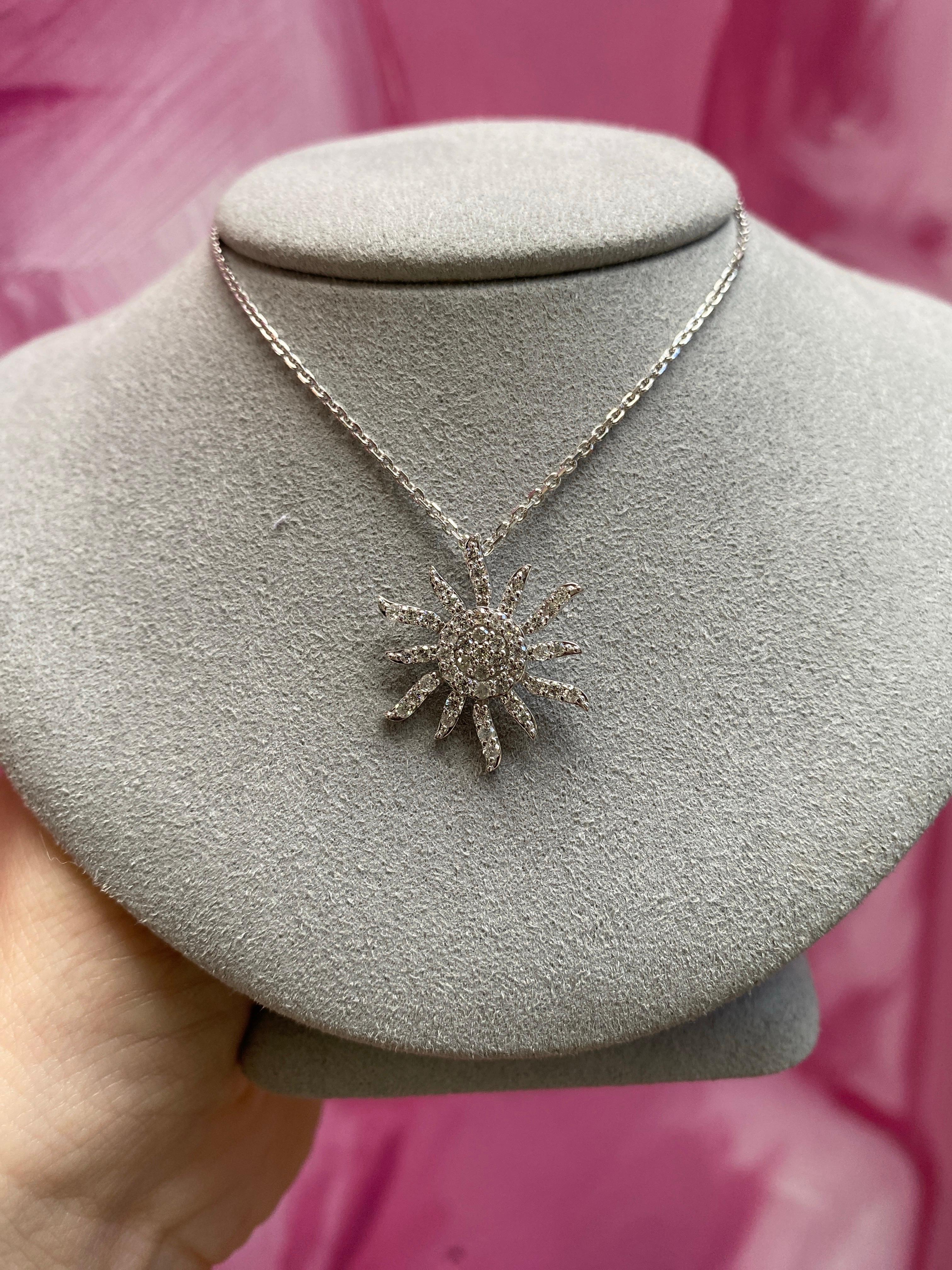 14 Karat White Gold Natural Diamond Sun Pendant Necklace For Sale 1