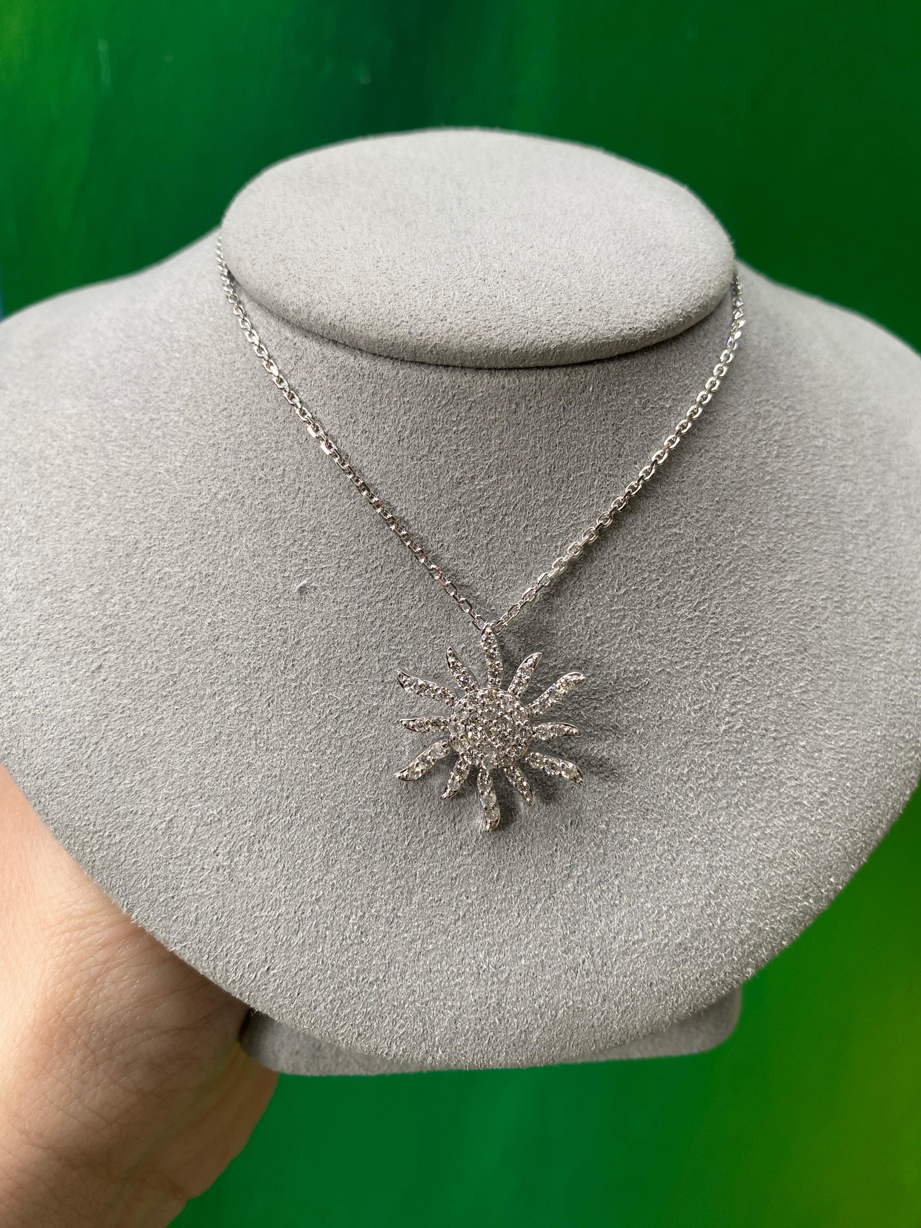 14 Karat White Gold Natural Diamond Sun Pendant Necklace For Sale 2