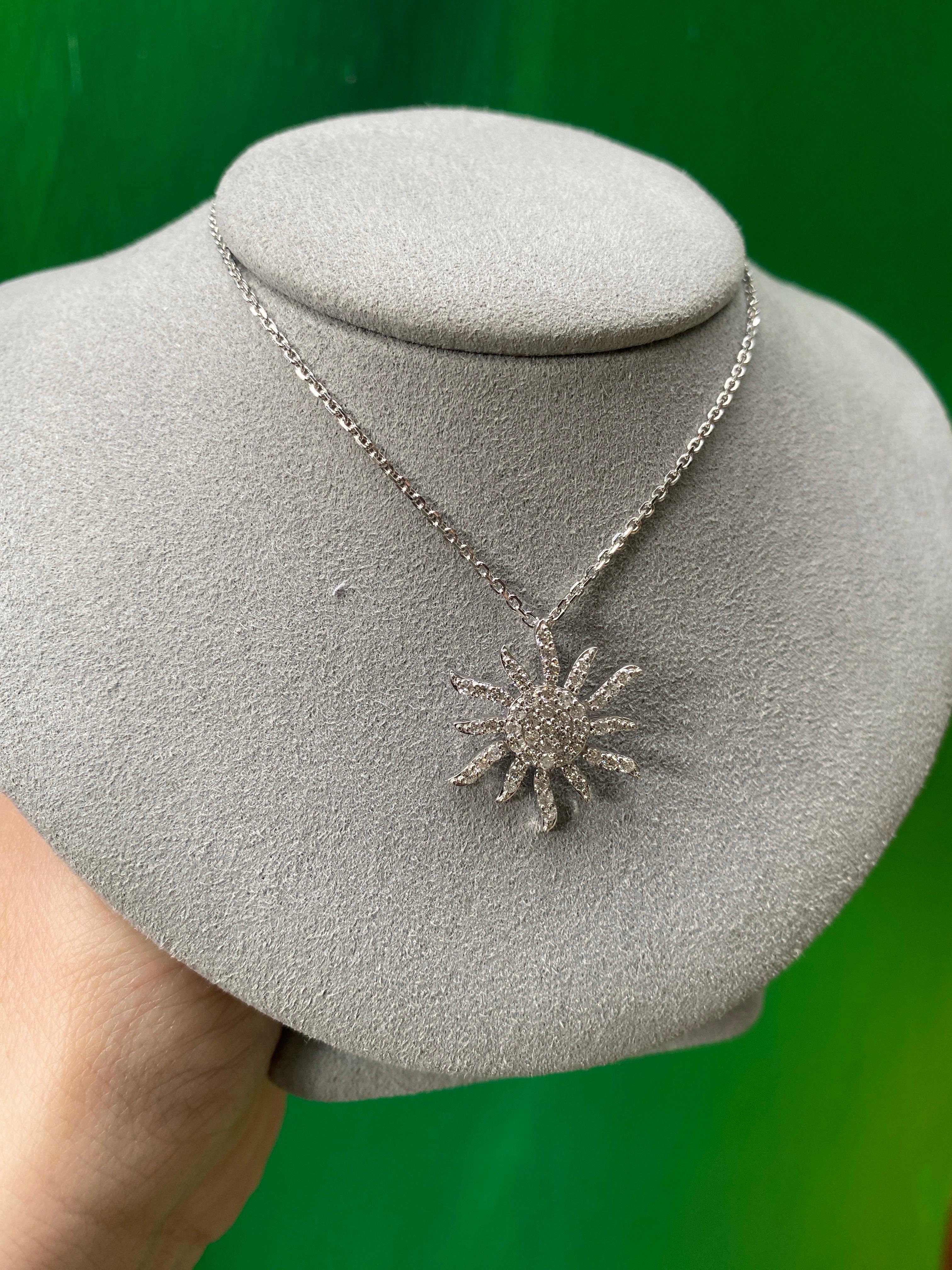 14 Karat White Gold Natural Diamond Sun Pendant Necklace For Sale 3