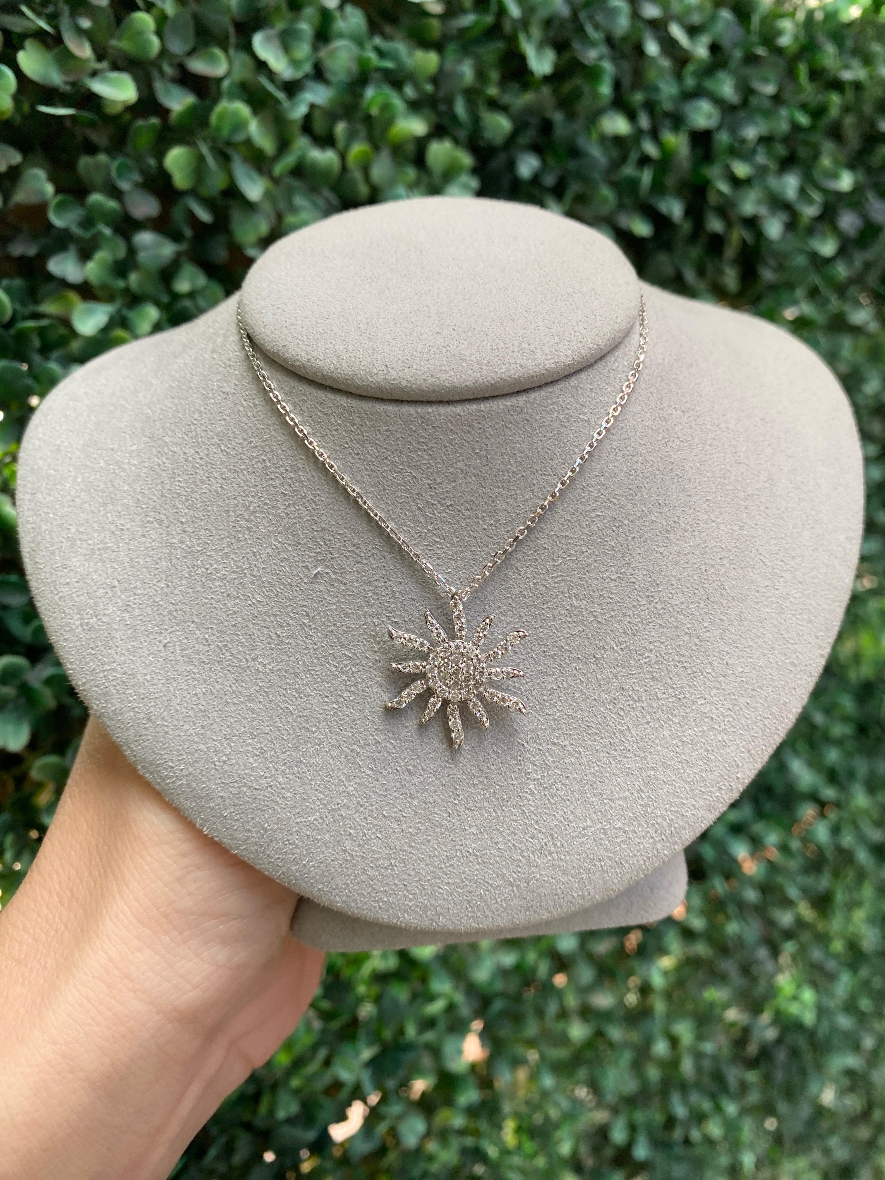 14 Karat White Gold Natural Diamond Sun Pendant Necklace For Sale 4