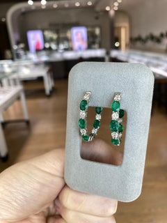 14 Karat White Gold Natural Emerald and Diamond Hoop Earrings