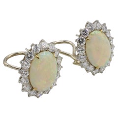 14 Karat White Gold Natural Opal & Diamond Halo Earrings