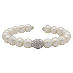 14 Karat White Gold Natural Pave Diamond & Pearl Flex Bracelet
