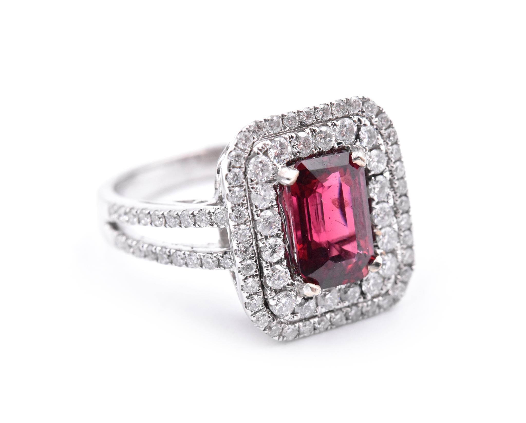 Designer: custom design
Material: 14k white gold
Gemstones: Red Spinel = 1.71ct emerald cut
Certification: AGI 25333
Diamonds: 93 round brilliant cuts = .88cttw
Color: F
Clarity: VS2-SI
Ring Size: 7.5 (please allow two additional shipping days for