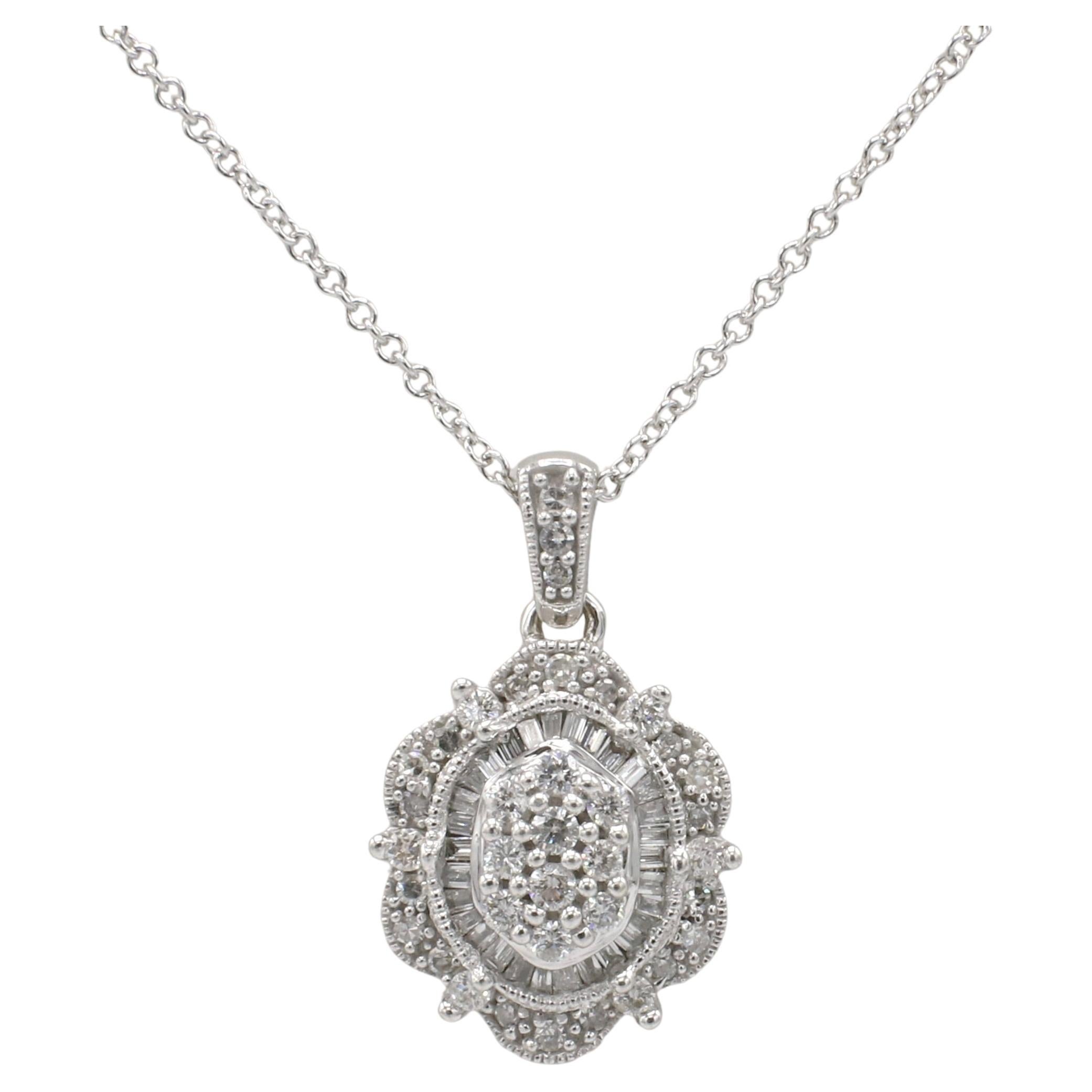 14 Karat White Gold Natural Round & Baguette Diamond Drop Pendant Necklace