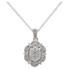 14 Karat White Gold Natural Round & Baguette Diamond Drop Pendant Necklace