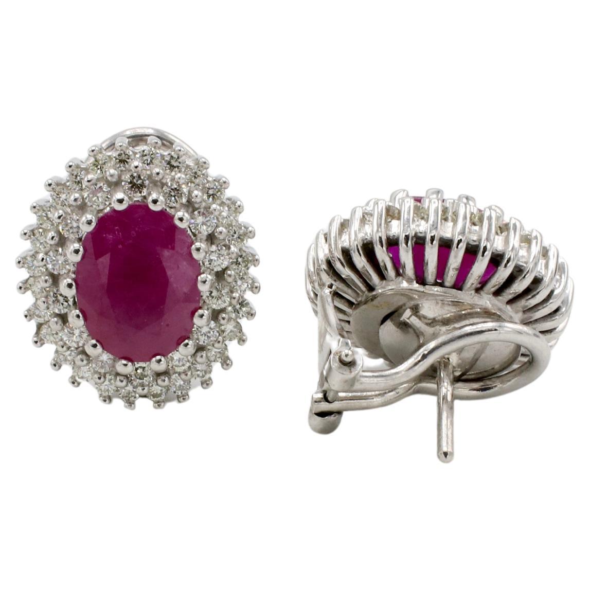 Modern 14 Karat White Gold Natural Ruby & Diamond Halo Earrings