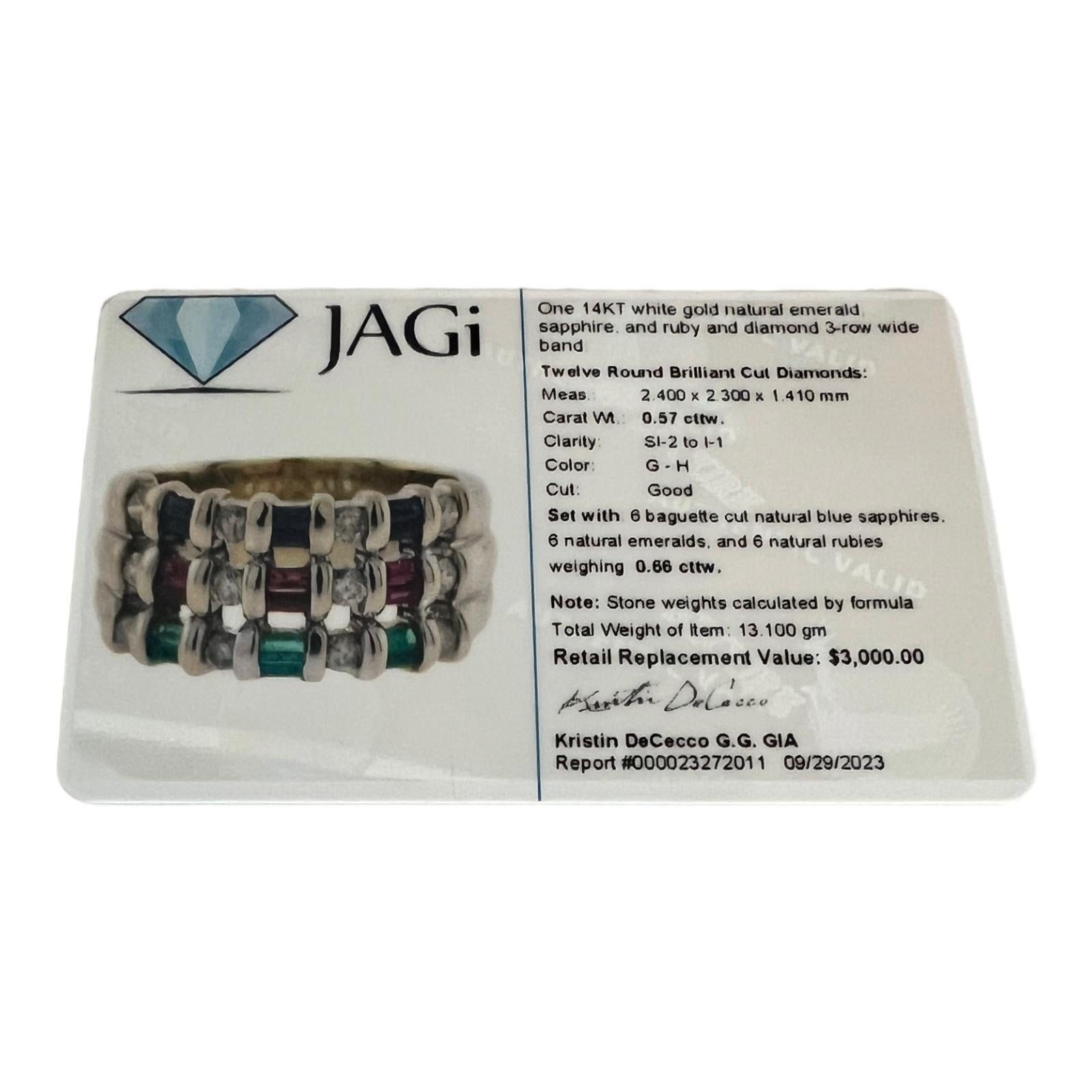 14 Karat White Gold Natural Sapphire, Emerald and Ruby Ring For Sale 2