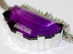 14 Karat White Gold Necklace Set with Huge Amethyst and 15 Baguette Diamonds