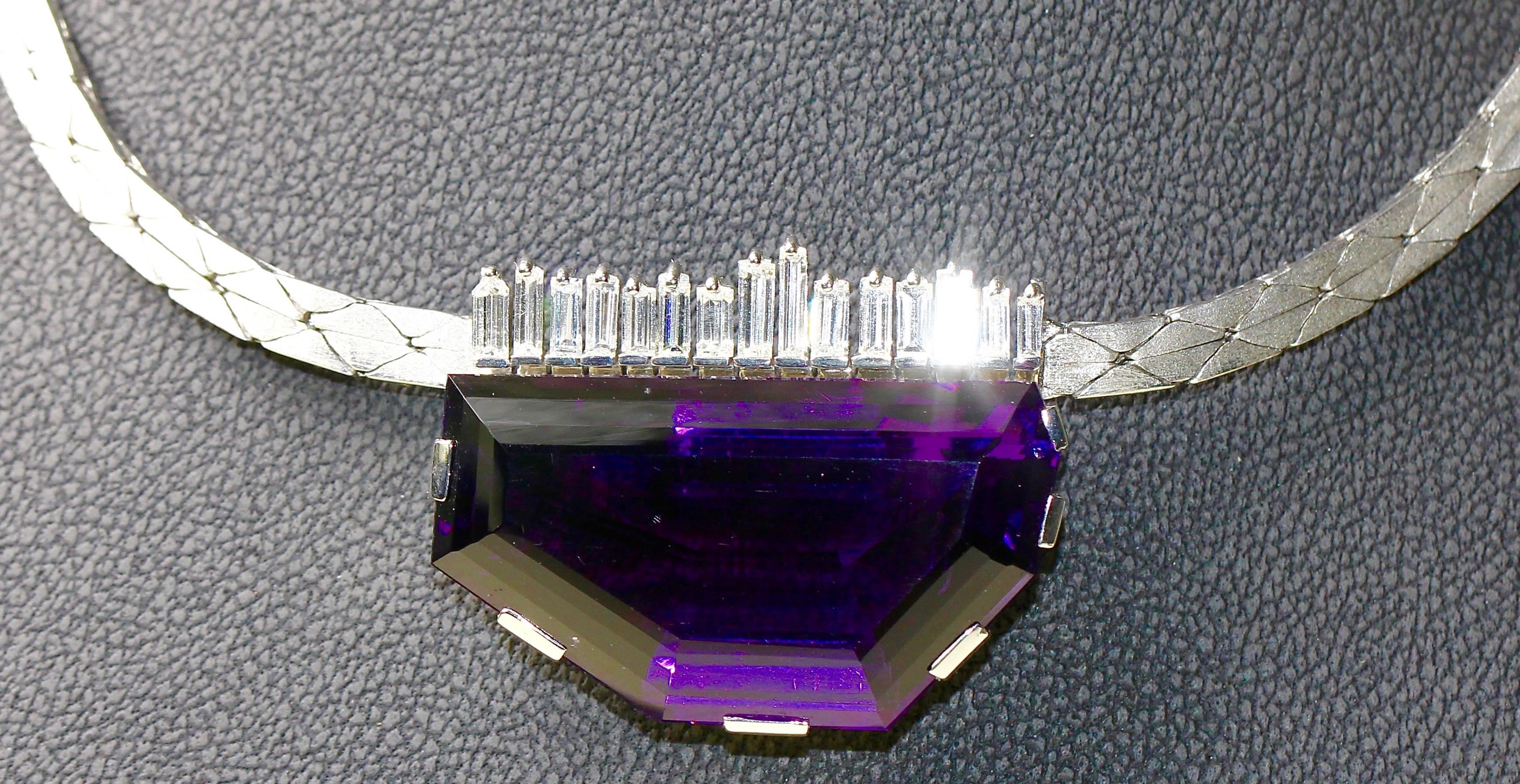 Women's 14 Karat White Gold Necklace Set with Huge Amethyst and 15 Baguette Diamonds For Sale